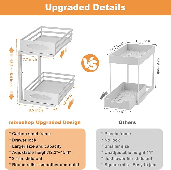 Under Sink Organizer, 2 Tier Under Sink Organizers and Storage, Adjustable Height, Slide out Metal Cabinet Organizers, Pull out Cabinet Storage Drawer Shelf for Kitchen Bathroom (Gray, 2Pack)