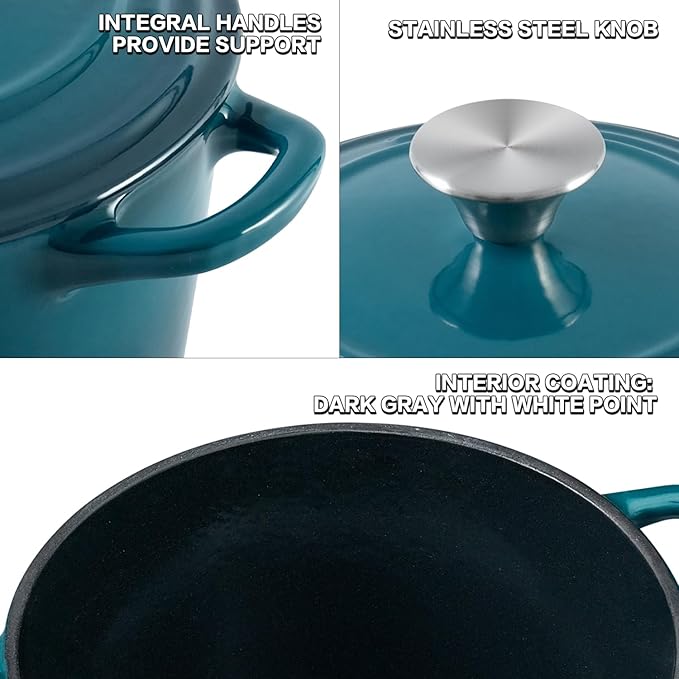 Dutch Oven Pot with Lid 1.8 qt Cast Iron Dutch Oven for Bread Baking DarkCyan Enameled Cast Iron Rice Pot with Handels