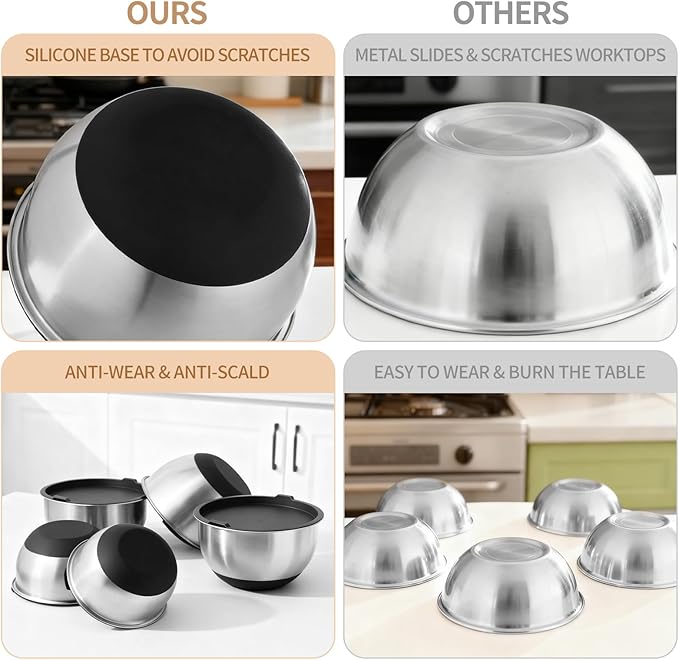 Deedro Premium Mixing Bowls with Airtight Lids Set, 22Pcs Thicker Stainless Steel Mixing Bowl Set, Large Prep Metal Bowls, Non-Slip Silicone Base Nesting Bowls for Kitchen, 1.5/2/3/4/5 QT, Black