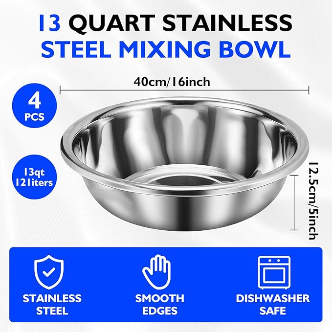 4 Pack 13 Qt 304 Stainless Steel Large Mixing Bowls with Flat Base Polished Mirror Finish Metal Bowls for Home or Commercial Baking Mixing Marinating and Food Preparation