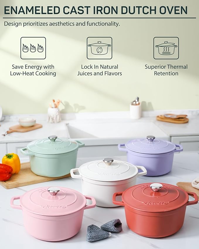 Enameled Cast Iron Dutch Oven – 4.4 Quart Pot with Lid & Potholders – Heavy-Duty Cookware for Bread Baking, Braising, Stews & Roasting – Oven & Stovetop Safe up to 500°F – Mint Green