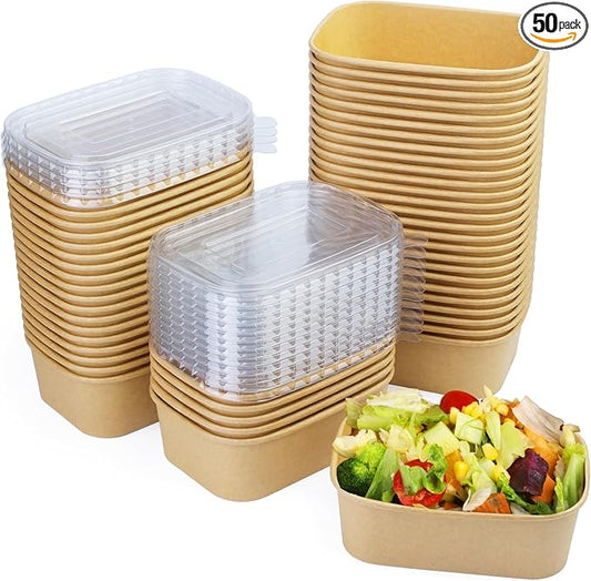 50 Pack 25 oz Paper Bowls, Disposable Food Containers with Lids, Rectangular Disposable Bowls, Disposable Salad Bowls with Lids for Diet Salad, Ice Cream, Yogurt, Party Food