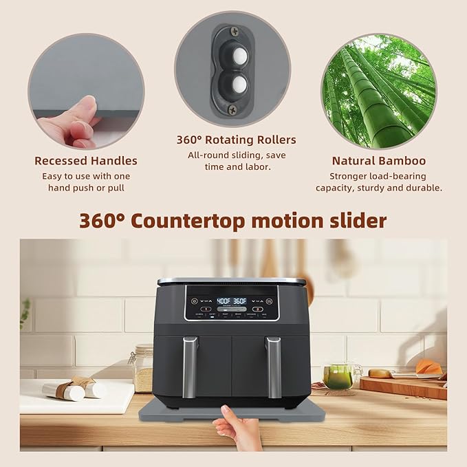 360° Rolling Tray Bamboo Appliance Slider for Kitchen Appliances, for Breville Espresso Machine Accessories, Sliding Tray for Coffee Maker Appliances Mat Easily from Under The Cabinet Gray 13"×15.7"