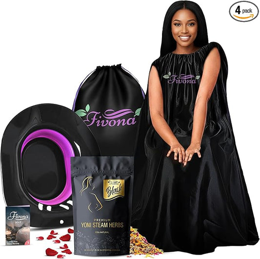FIVONA 4 in 1 Yoni Steam Kit Black - Foldable Over The Toilet Steamer Seat with Herbal Blend, Storage Bag and Steam Gown - Effective Detox pH Balance Cleansing and Relaxation