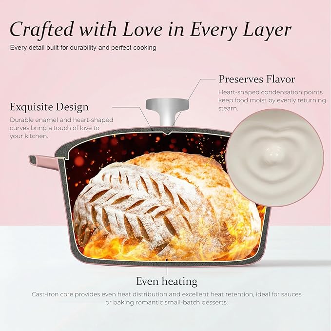 Overmont Enameled Cast Iron Dutch Oven - Heart-Shaped Pot with Lid Cookbook & Cotton Pot Holders - Mini Cookware Oven Safe to 500°F for Bread Baking Soups Stews - Great Gift for Birthday Wedding Housewarming 2QT Pink