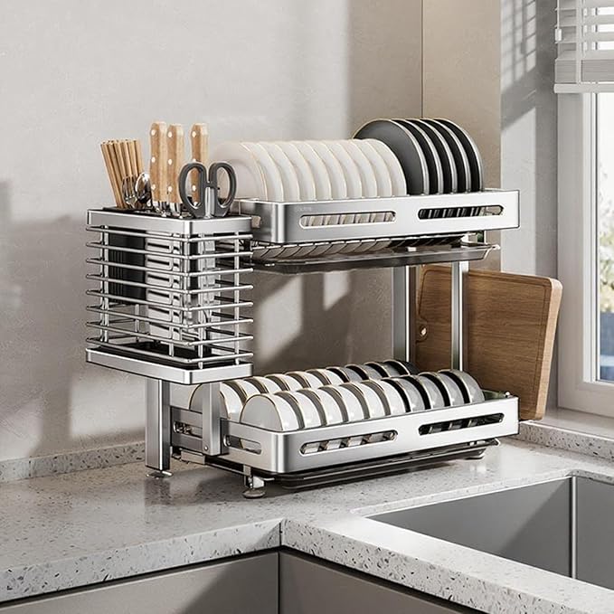 Stainless Steel Kitchen Dish Drying Rack with Drain Board Wall-mounted and Freestanding Countertop Dish Storage Rack Over Sink for Countertop Storage(Silver,Wall-mounted Two layers)