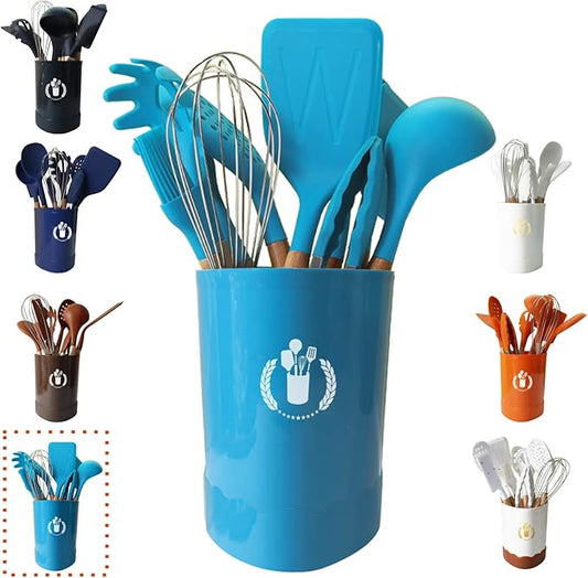 Blue Silicone Kitchen Cooking Utensils Set, Heat Resistant Silicone Kitchen Gadgets Utensils Set with Wooden Handle,Silicone Spoons Spatula Whisk with Holder for Nonstick Cookware
