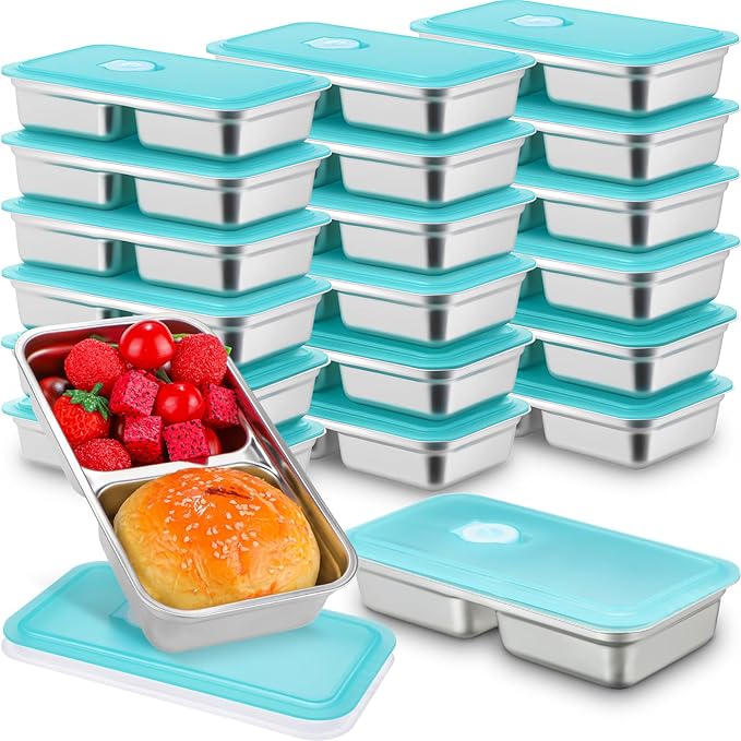 20 Pcs Stainless Steel Snack Containers 30 oz 2-compartment Meal Prep Containers Reusable Metal Divided Bento Box with Silicone Lids Leakproof Lunch Box Dishwasher Safe (Blue)