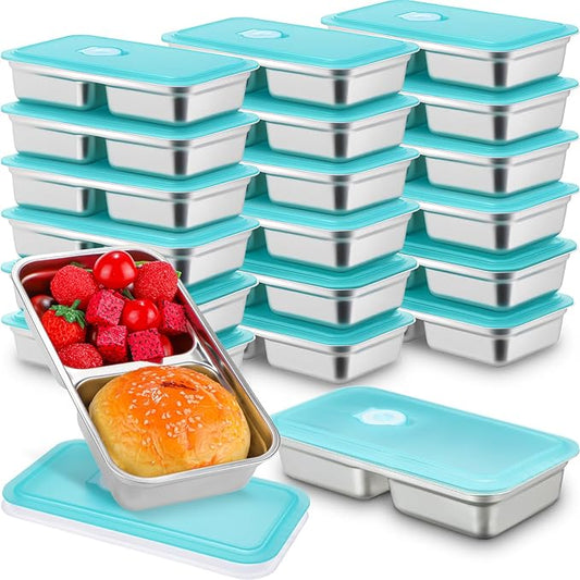 20 Pcs Stainless Steel Snack Containers 30 oz 2-compartment Meal Prep Containers Reusable Metal Divided Bento Box with Silicone Lids Leakproof Lunch Box Dishwasher Safe (Blue)