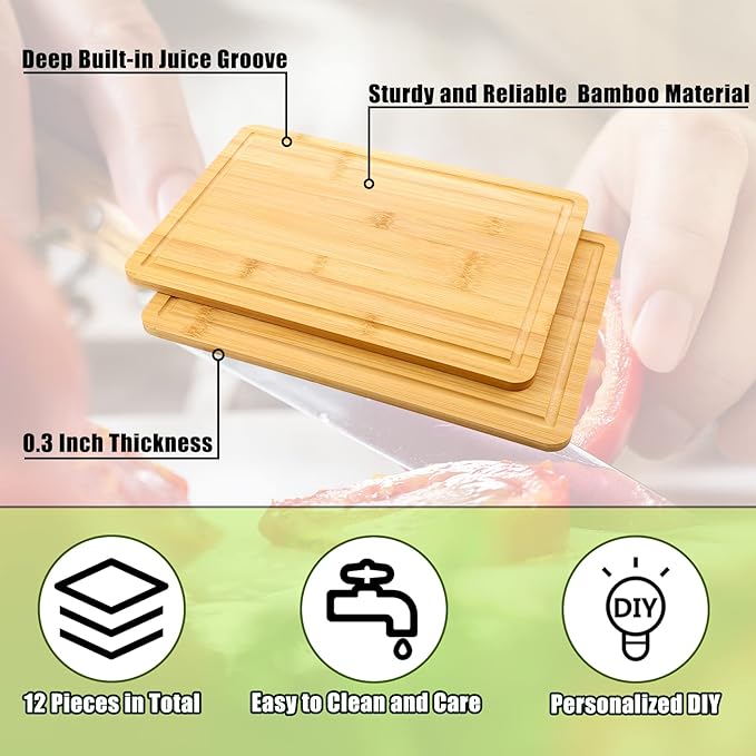 Patelai 12 Pack Bulk Plain Cutting Board Set Kitchen Chopping Boards Rectangular Blank Cutting Board Wood Crafts Serving Board for Christmas Wedding DIY Engraving Gifts(Bamboo,12 x 8 Inch)