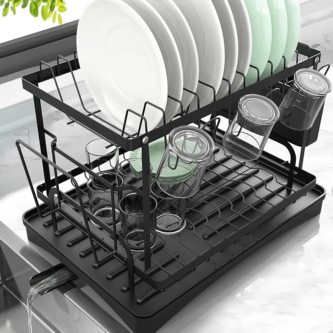 NEATEST Dish Drying Rack, 2-Tier Dish Rack for Kitchen Counter with Auto Draining Tray Kitchen Organizers and Storage with Cutlery Holder for Dish/Knifes/Cup/Cutting Board Dish Drainer
