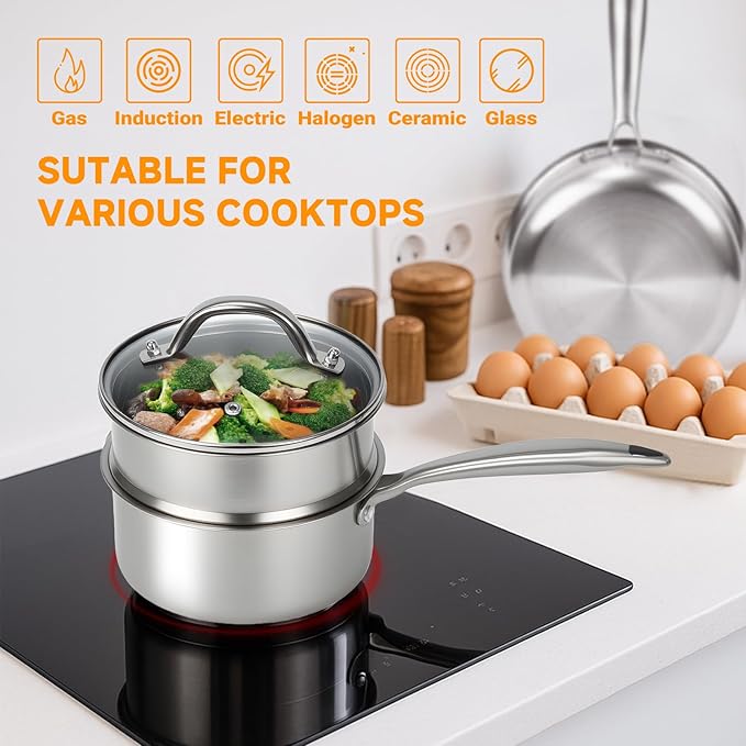 Ohtomber Tri-Ply Steamer for Cooking - Stainless Steel 3 Qt Saucepan with Lid, Medium Kitchen Induction Cooking Pot with Vegetable Food Steamer Basket, Non Stick Sauce Pan with Stay-Cool Handle