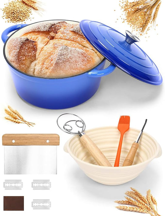 Dutch Oven for Bread Baking, 6QT Enameled Cast Iron sourdough dutch oven with Lid – Includes Proofing Basket, Scoring Lame, Dough Whisk for Sour dough, Bread-making, Blue