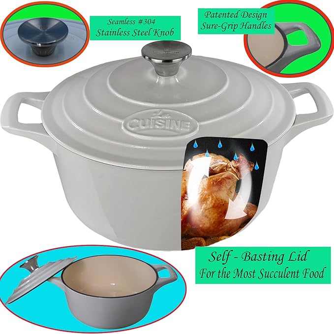La Cuisine Enameled Cast Iron Dutch Oven Casserole Dish Pot with Lid 5 QT 10.3" /26cm Cream White Enamel Coating Interior, White Enamel Coating Exterior, Oven Safe up to 500° F