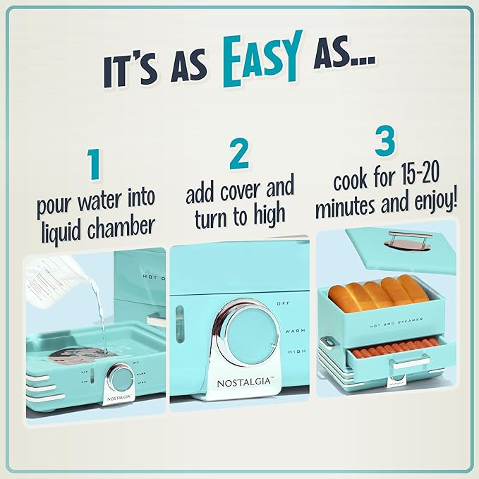 Nostalgia Extra Large Diner-Style Steamer, 20 Hot Dogs and 6 Bun Capacity, Perfect for Breakfast Sausages, Brats, Vegetables, Fish, Aqua