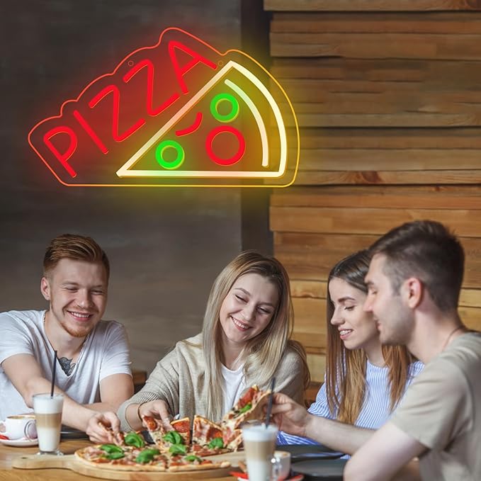 Pizza Neon Sign for Wall Decor Pizza Shaped Neon Sign for Pizzeria Food Powered Dimmable Letter Led Light Up Signs for Business Shop Restaurant Kitchen Store Party Food Decor