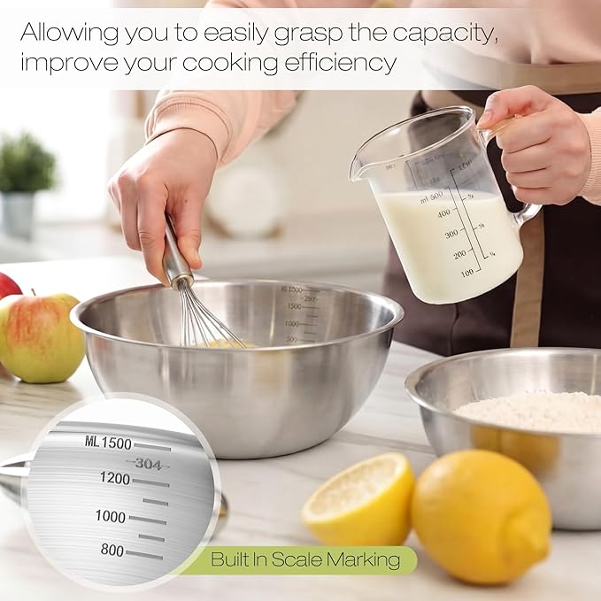 Honeydak 12 Pcs 304 Stainless Steel Mixing Bowls with Graduations, Salad Bowls Metal Serving Reusable Baking Food Storage Containers for Baking, Cooking, Salads, Soups, Ice Cream, Noodles (40 oz)