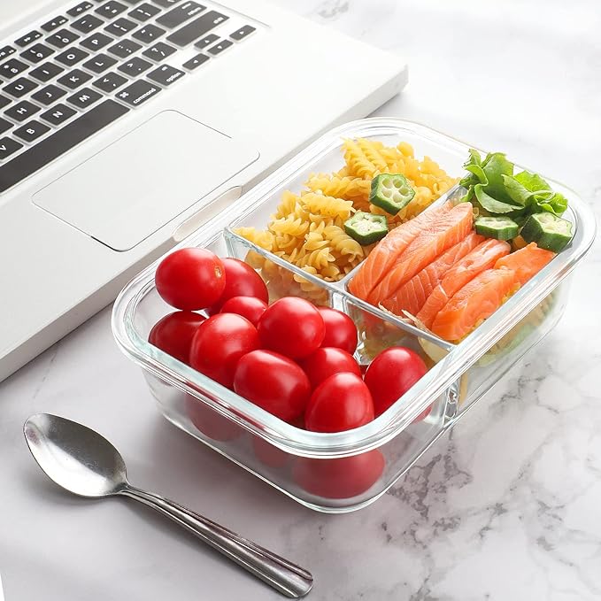 Bayco 9 Pack Glass Meal Prep Containers - 3, 2 & 1 Compartment Glass Food Storage Containers with Lids, Airtight & Leak Proof Lunch Bento Boxes - Grey
