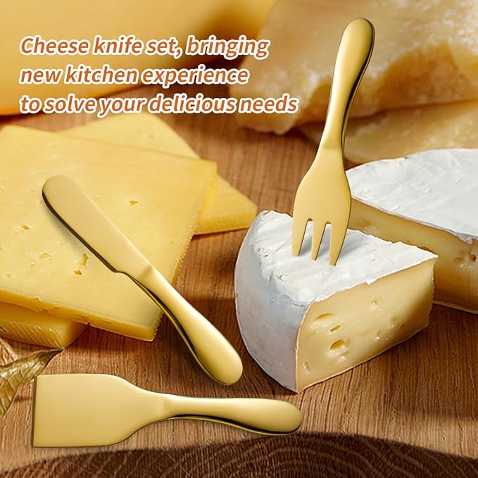 Gold Butter Knives Set 7 Pieces Stainless Steel Kitchen Utensils Gadgets includeButter Knife,Cheese Spreader,Cheese Forks, Cheese Slicer,Cheese Cutter,Cheese Knife,