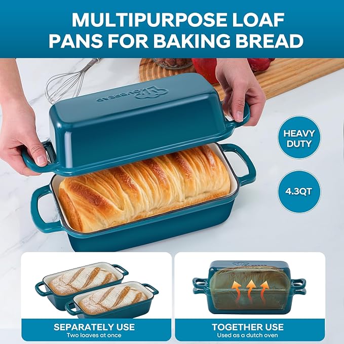 Cast Iron Loaf Pan with Lid 10x5 Inch Enameled Bread Loaf Pan for Sourdough, 2 Piece Set, Emerald