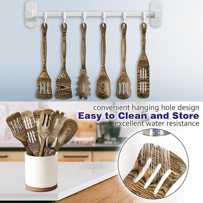 Wooden Spoons for Cooking, Pakkawood Kitchen Utensil Set Granite, Premium Durable Wooden Utensils for Nonstick Cookware, Heat Resistant, Smooth Finish, Comfortable Grip, 6 Piece