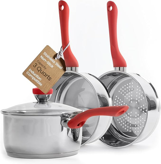 Culinary Edge Stainless Steel Nonstick 4-Piece Double Boiler Set Saucepan and Steamer