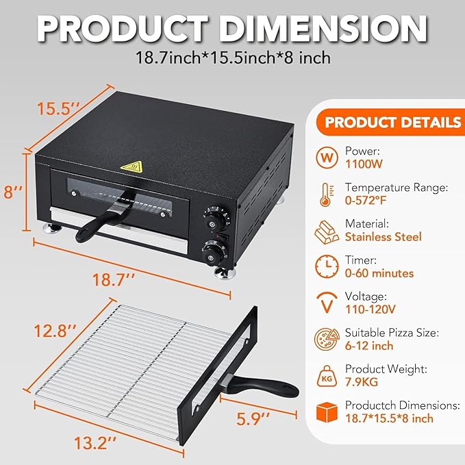 Heavy-Duty 12" Commercial Pizza Oven with visual Window，1100W Stainless Steel Chamber & Timer for Fast Food, Catering, Mall Kiosk，Countertop Electric Baking System