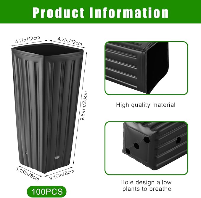 Nuenen 100 Pcs Tall Tree Pot Plastic Deep Plant Nursery Pots Black Seedling Treepots Flower Plant Container with Drainage Holes for Indoor Outdoor Gardening (9.8" H X 4.7" W)