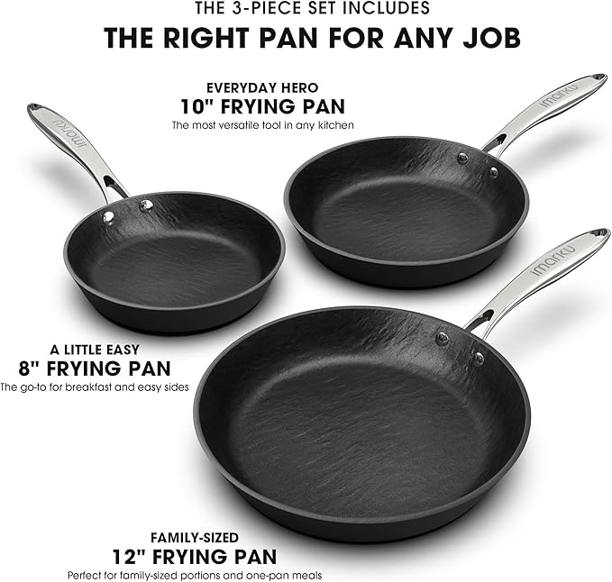 imarku 3 Pcs Non Stick Frying Pans Set - 8&10&12 inch with Cool Stainless Steel Handle, Disherwasher Safe, Oven Safe, Suitable for Professional Chefs Or Beginners