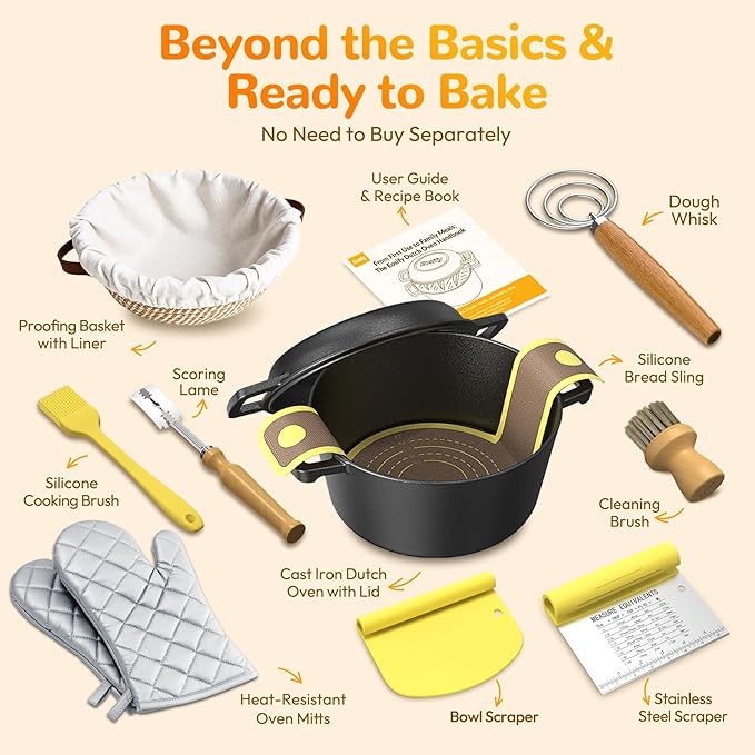 Cast Iron Dutch Oven for Bread Baking - Sourdough Starter Kit with Dutch Oven, Mitts, Banneton, Bread Sling & Baking Supplies, 5.46QT Pot with Lid for Sourdough Bread Baking, Frying, Braising & Camping