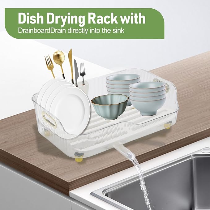 Dish Drying Rack, Plastic Dish Rack, Large Capacity Dish Drainer Rack, Space Saving Plate Drying Rack, Clear Kitchen Draining Rack for Chopsticks Bowl Plate Spoon (White)