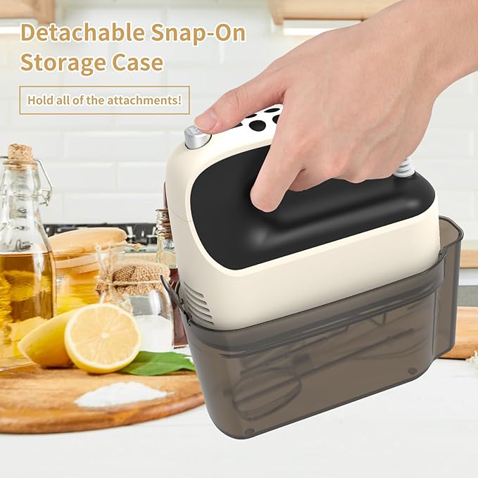 9-Speed Digital Hand Mixer Electric, 400W Powerful DC Motor, Hand Mixer Electric Handheld with Snap-On Storage Case, 5 Stainless Steel Accessories, Beaters, Dough Hooks, Whisk(Creamy/Black)