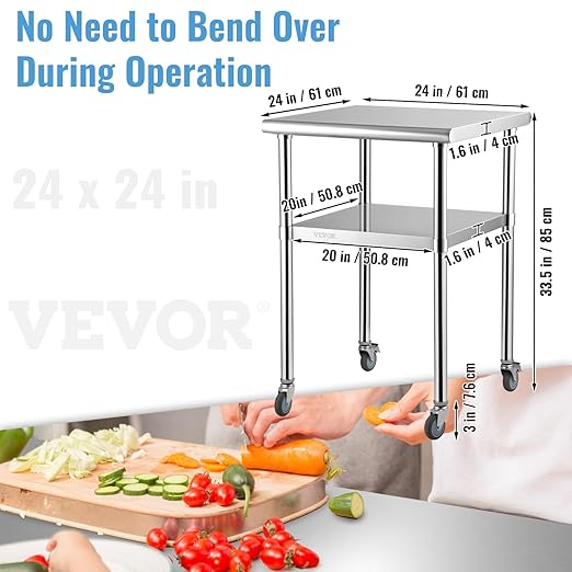 VEVOR Stainless Steel Prep Table, 24 x 24 x 33.5 Inch, 600lbs Load Capacity Heavy Duty Metal Worktable with Adjustable Undershelf & Universal Wheels, Commercial Workstation for Kitchen Garage Backyard