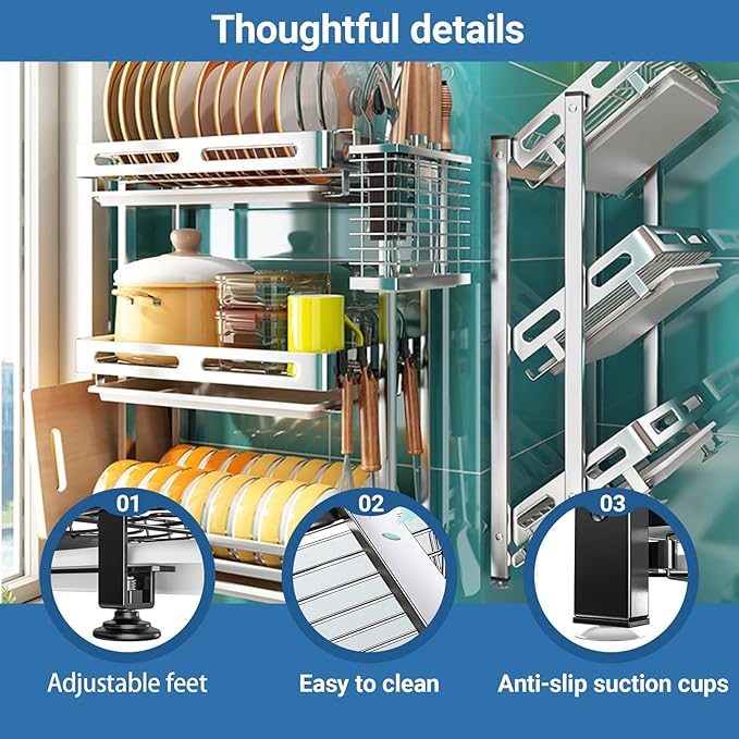 Stainless Steel Kitchen Dish Drying Rack with Drain Board Wall-mounted and Freestanding Countertop Dish Storage Rack Over Sink for Countertop Storage(Gray,Wall-mounted Three layers)