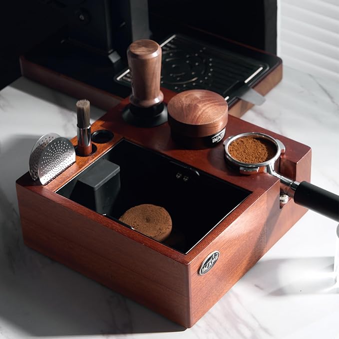IKAPE V2 Espresso Knock Box, Espresso Coffee Organizer Box Fit for Storage 51mm 53/54mm 58mm Espresso Tamper, Distributor, Portafilter & Puck Screen Accessories, Natural Walnut Station Base (8 IN One)
