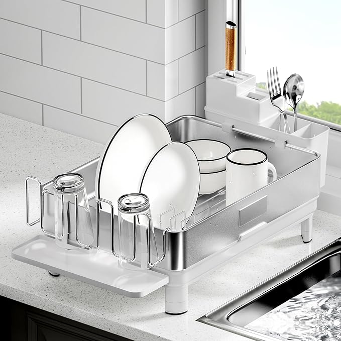 Ewaiira Dish Drying Rack, 304 Stainless Steel Dish Racks for Kitchen Counter, Dish Drainers with Automatic Drainage, Utensil Holder & Cups Holder, Space Saving Kitchen Organizer, White