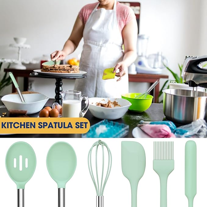 Silicone Cooking Utensil Set, Fungun Non-stick Kitchen Utensil 24 Pcs Cooking Utensils Set, Heat Resistant Cookware, Silicone Kitchen Tools Gift with Stainless Steel Handle (Green-24pcs)