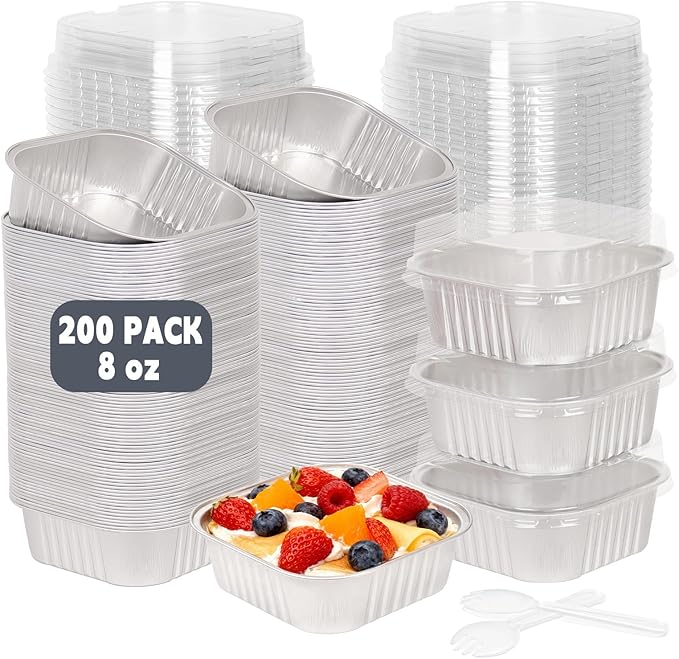 200 Pack 8 oz Silver Mini Aluminum Cake Pans with Lids and Spoons, Disposable Square Baking Cups, Oven Safe Foil Ramekins for Individual Desserts, Cupcakes, Cheesecakes Ramekins Muffin