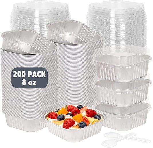 200 Pack 8 oz Silver Mini Aluminum Cake Pans with Lids and Spoons, Disposable Square Baking Cups, Oven Safe Foil Ramekins for Individual Desserts, Cupcakes, Cheesecakes Ramekins Muffin