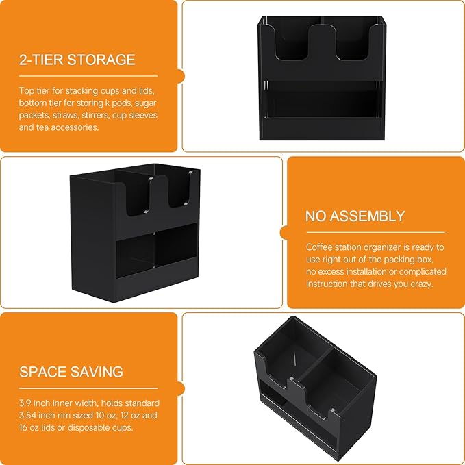 Beego 3-Compartment Cup Holder for Countertop - 2-Tier Black Acrylic Cup Dispenser Coffee Station Paper Cup and Lid Organizer Condiment Storage for Restaurant Breakroom Kitchen Bar Accessories