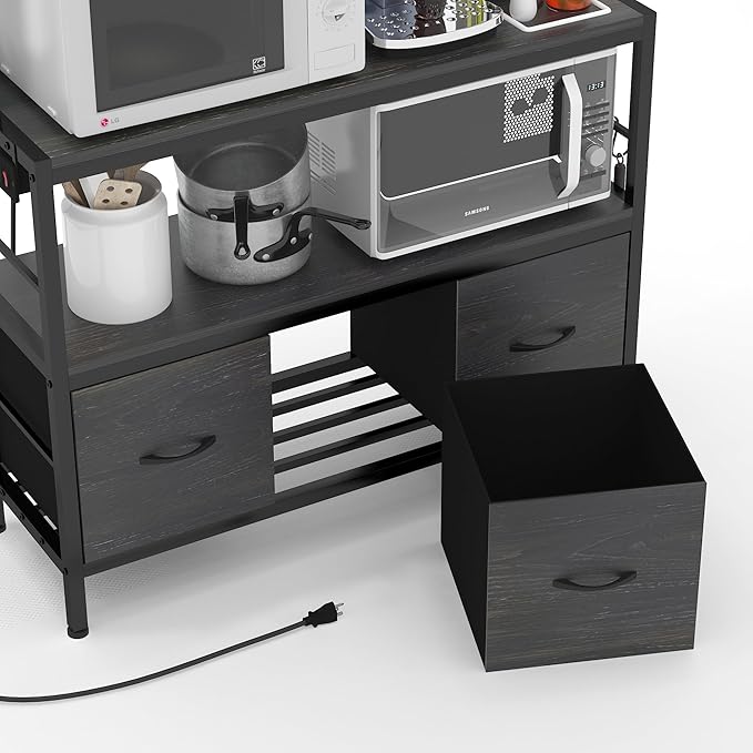 Bakers Rack with Power Outlet,5-Tier Free Standing Kitchen Storage Shelf Bakers Rack with Baskets,Industrial Microwave Oven Stand,Metal Kitchen Rack Organizer with Hooks(Black)