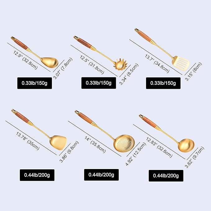 Gold Kitchen Utensils Set with Wooden Handle, 6 PCS Professional Stainless Steel Cooking Utensils Set, Wok Spatula, Ladle, Skimmer, Slotted Spatula Turner, Spaghetti Spoon, Large Spoon