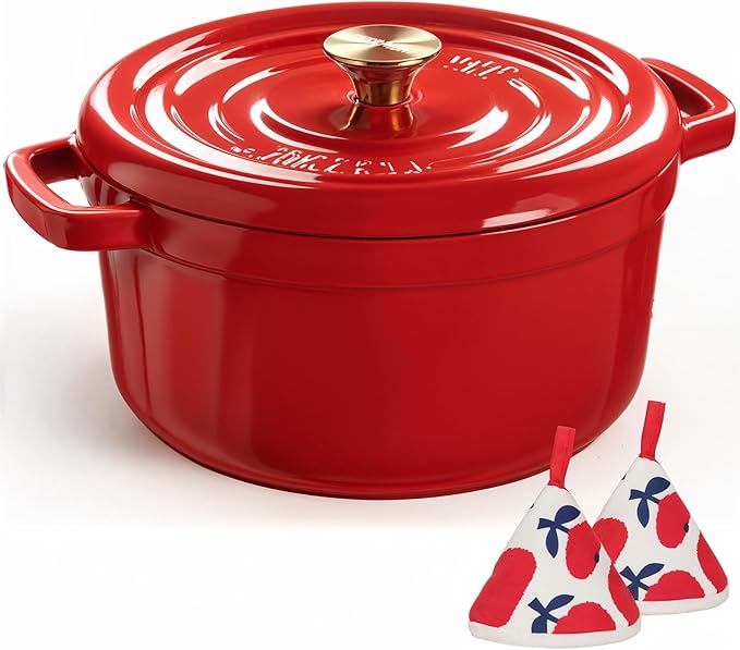 Overmont Enameled Cast Iron Dutch Oven - 5QT Pot with Lid Cookbook & Cotton Potholders - Heavy-Duty Cookware for Braising, Stews, Roasting, Bread Baking red