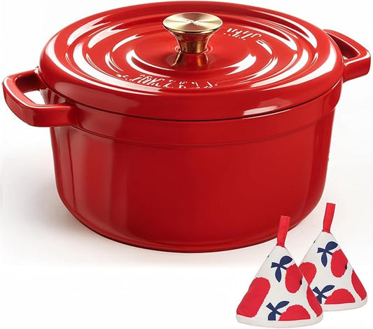 Overmont Enameled Cast Iron Dutch Oven - 5QT Pot with Lid Cookbook & Cotton Potholders - Heavy-Duty Cookware for Braising, Stews, Roasting, Bread Baking red