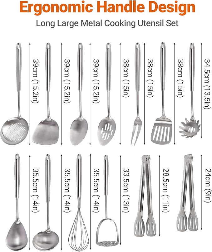 304 Stainless Steel Kitchen Utensils Set - 15PCS Long Metal Cooking Utensil Serving Utensils Set, Masher, Whisk, Turner, Serving Spoon, Fork, Tongs, Skimmer, Ladle, etc (Dishwasher Safe)