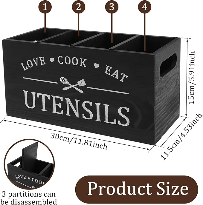2 Pack Extra Large Kitchen Utensils Holder with 4 Compartments, Wooden Utensil Organizer for Kitchen Countertop, Farmhouse Kitchen Decor, Rustic Cooking Utensil for Knives, Forks, Spoon and Spatula