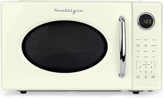 Nostalgia Retro 1000W Microwave Oven 1.1 Cu Ft Capacity – Child Safety Lock, 8 Auto-Cook Settings – Countertop Kitchen Appliance – Ivory