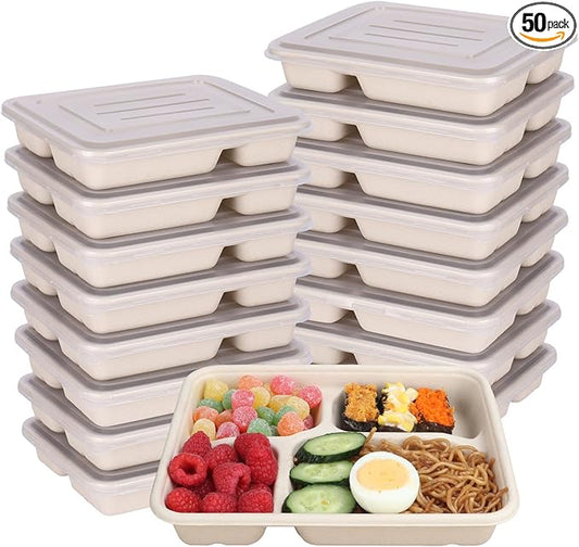 Sugarcane Fiber 23 oz 4 Compartments disposable plates with Lids Bagasse Plant Fibers Freezer Safe 50 PACK