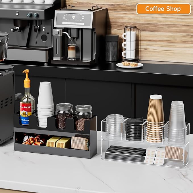 Beego 5-Compartment Cup Holder for Countertop - 2-Tier Clear Acrylic Cup Dispenser Coffee Station Paper Cup and Lid Organizer Condiment Storage for Restaurant Breakroom Kitchen Bar Accessories