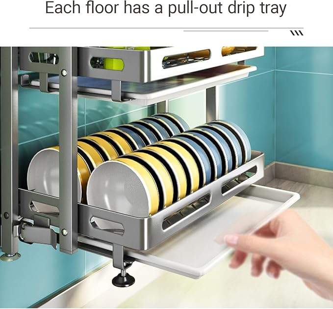 Stainless Steel Kitchen Dish Drying Rack with Drain Board Wall-mounted and Freestanding Countertop Dish Storage Rack Over Sink for Countertop Storage(Gray,Freestanding Three layers)